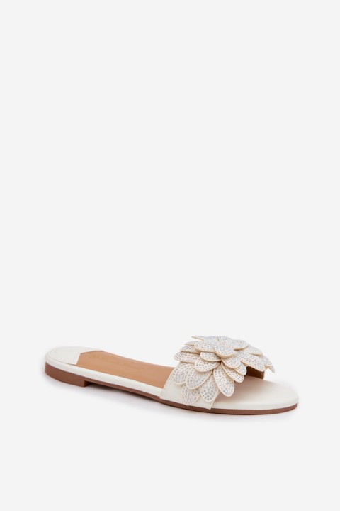 Women's Flat White Decorated Slides Grelora