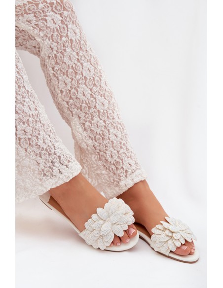 Women's Flat White Decorated Slides Grelora