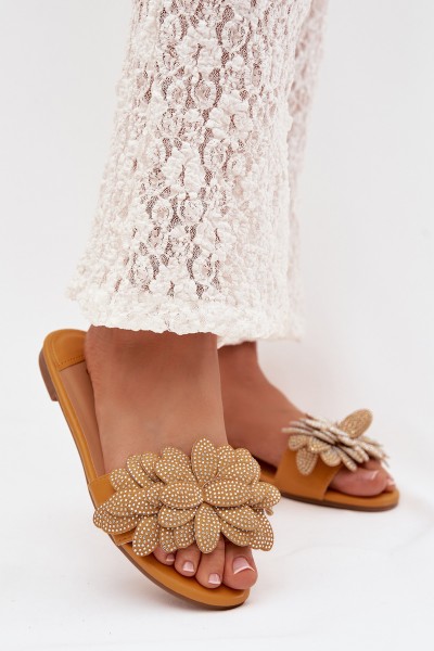 Women's Flat Decorated Yellow Grelora Slides