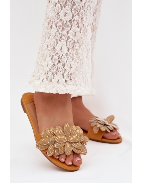 Women's Flat Decorated Yellow Grelora Slides