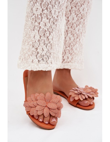 Women's Flat Decorated Orange Grelora Slides