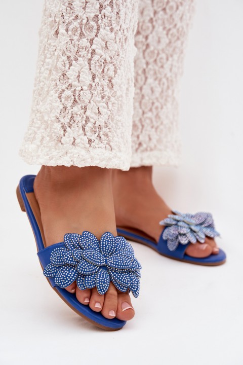 Women's Flat Blue Slides With Embellishment Grelora