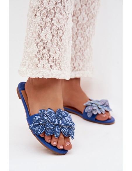 Women's Flat Blue Slides With Embellishment Grelora