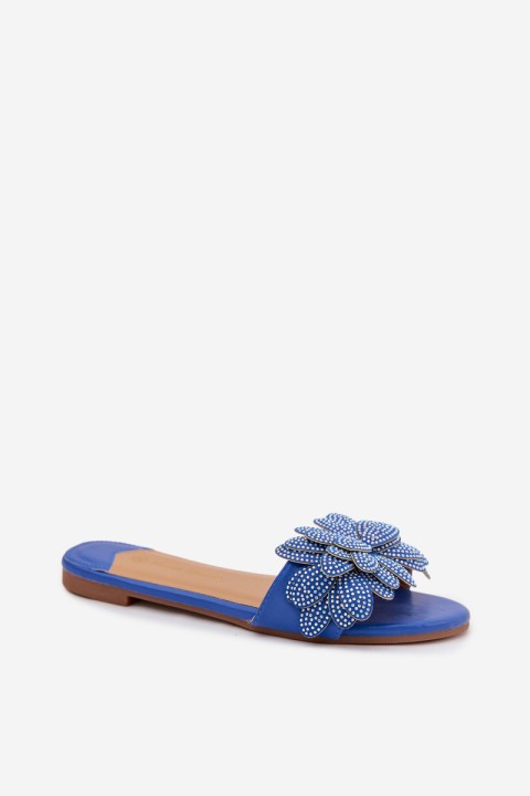 Women's Flat Blue Slides With Embellishment Grelora
