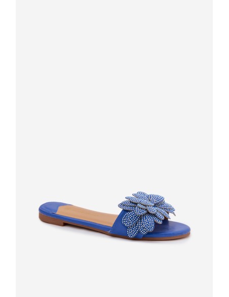 Women's Flat Blue Slides With Embellishment Grelora