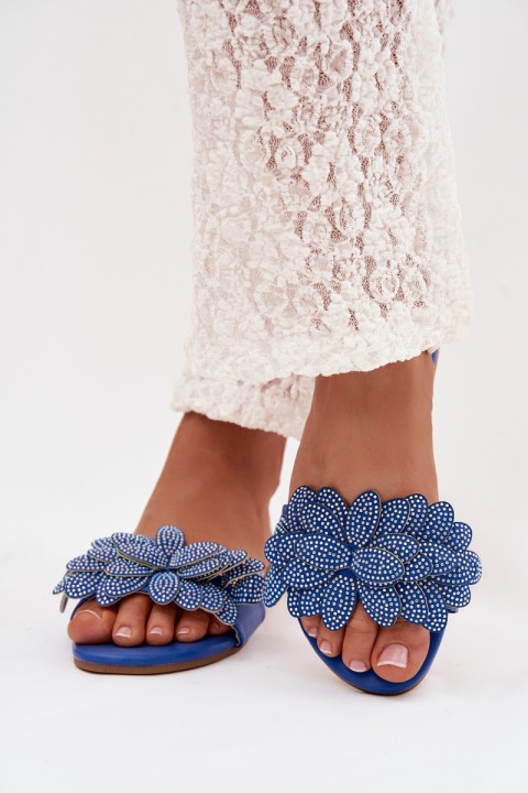 Women's Flat Blue Slides With Embellishment Grelora