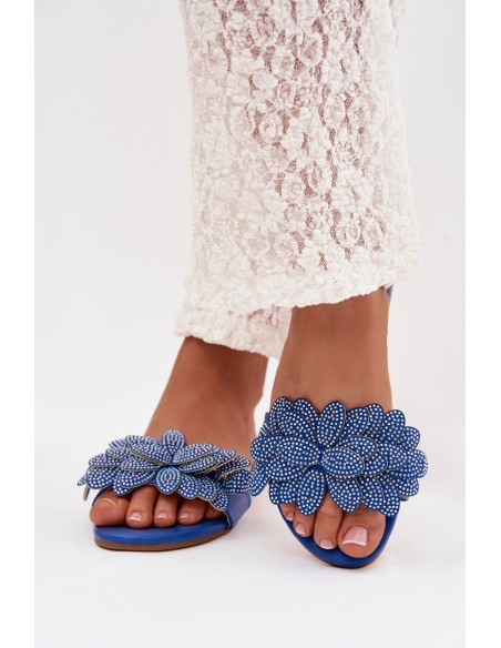 Women's Flat Blue Slides With Embellishment Grelora