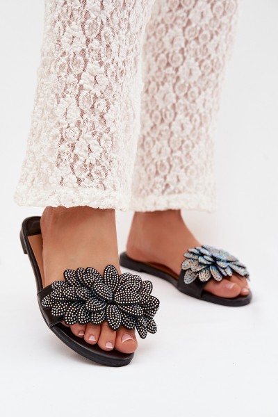 Women's Flat Decorated Black Grelora Slides