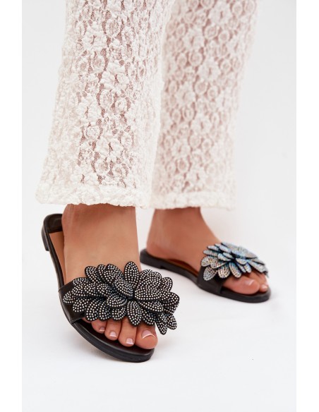 Women's Flat Decorated Black Grelora Slides