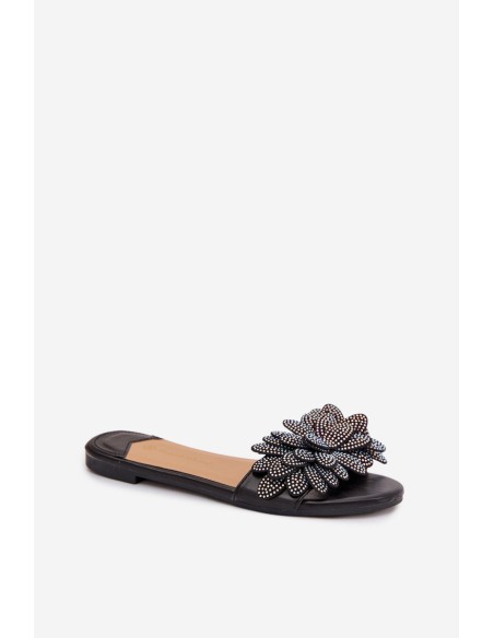 Women's Flat Decorated Black Grelora Slides