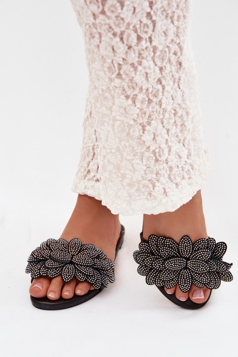 Women's Flat Decorated Black Grelora Slides