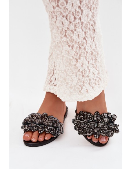 Women's Flat Decorated Black Grelora Slides