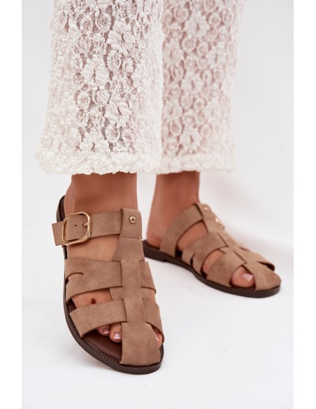 Women's Flat Sandals With Straps And Gold Buckle Beżowe Elzora