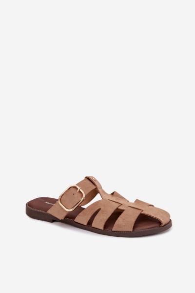 Women's Flat Sandals With Straps And Gold Buckle Beżowe Elzora 2