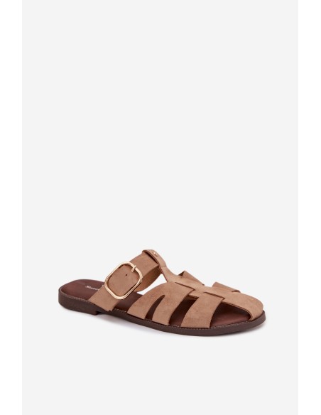 Women's Flat Sandals With Straps And Gold Buckle Beżowe Elzora