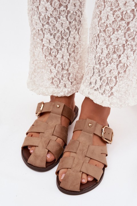 Women's Flat Sandals With Straps And Gold Buckle Beżowe Elzora