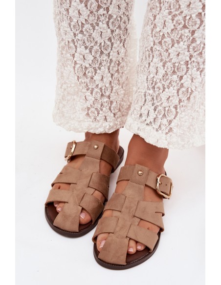 Women's Flat Sandals With Straps And Gold Buckle Beżowe Elzora