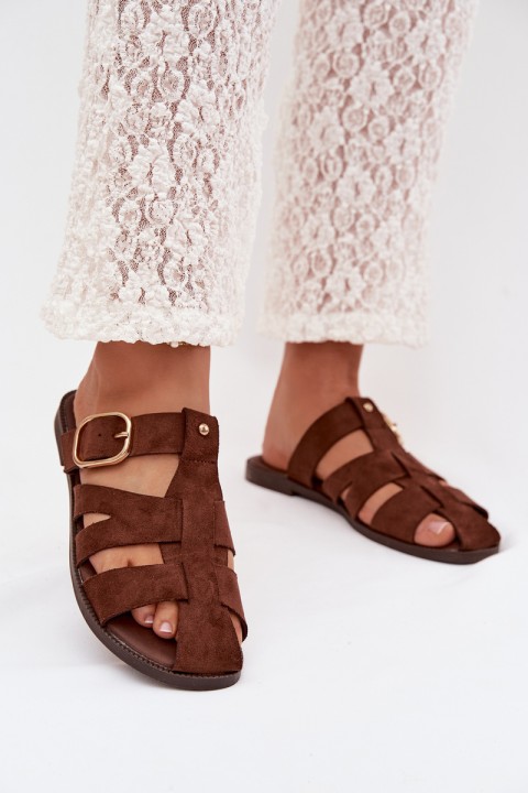 Women's Flat Sandals With Straps And Gold Buckle Beżowe Elzora