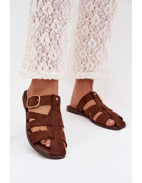 Women's Flat Sandals With Straps And Gold Buckle Beżowe Elzora