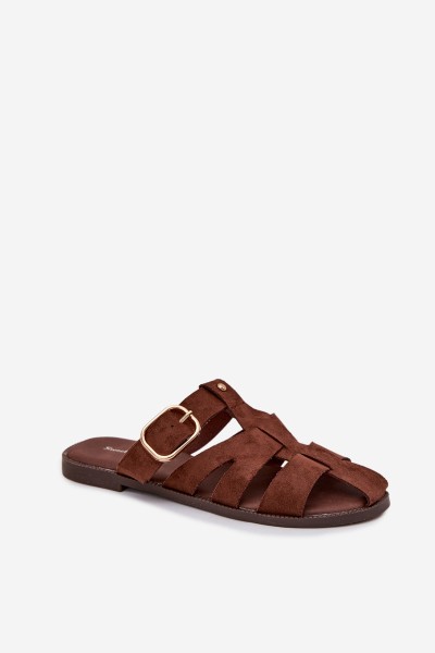 Women's Flat Sandals With Straps And Gold Buckle Beżowe Elzora 2