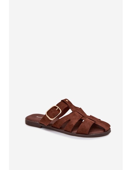Women's Flat Sandals With Straps And Gold Buckle Beżowe Elzora