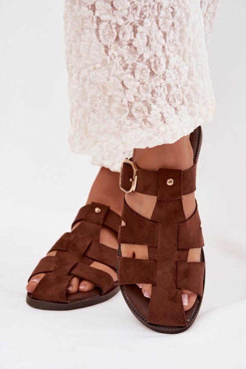 Women's Flat Sandals With Straps And Gold Buckle Beżowe Elzora