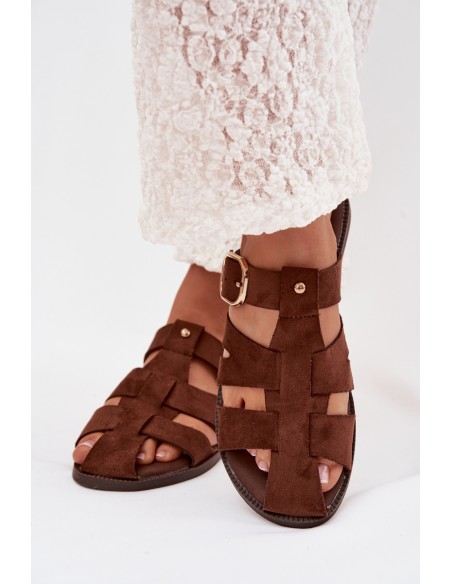 Women's Flat Sandals With Straps And Gold Buckle Beżowe Elzora