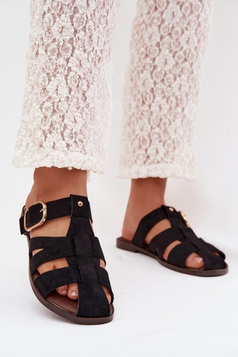 Women's Flat Sandals With Straps And Gold Buckle Black Elzora