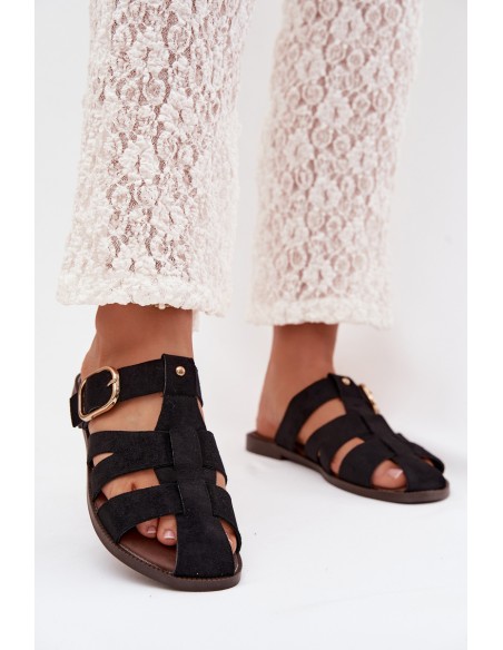 Women's Flat Sandals With Straps And Gold Buckle Black Elzora