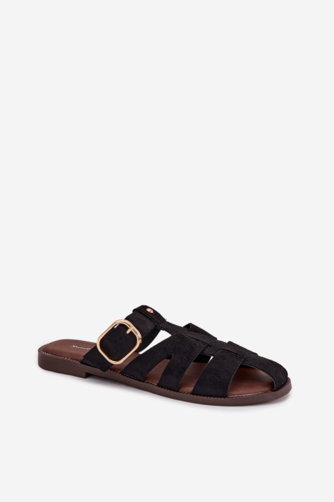Women's Flat Sandals With Straps And Gold Buckle Black Elzora