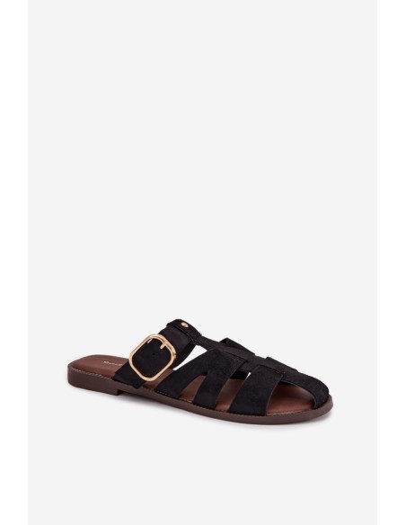 Women's Flat Sandals With Straps And Gold Buckle Black Elzora
