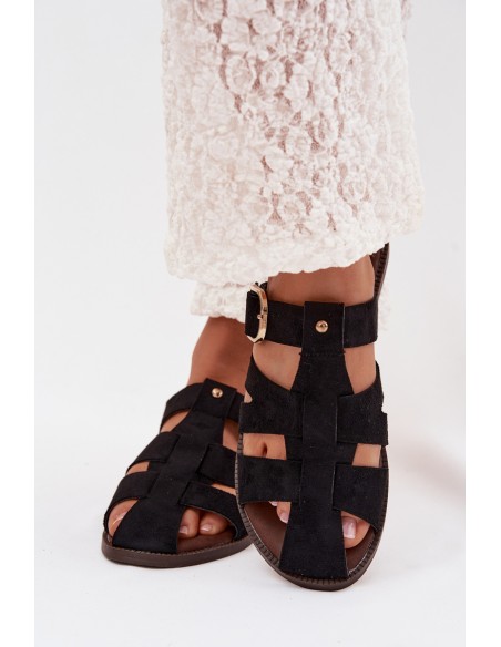 Women's Flat Sandals With Straps And Gold Buckle Black Elzora