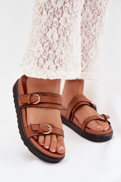 Women's Platform Sandals With Straps And Gold Buckles Camel Rirea