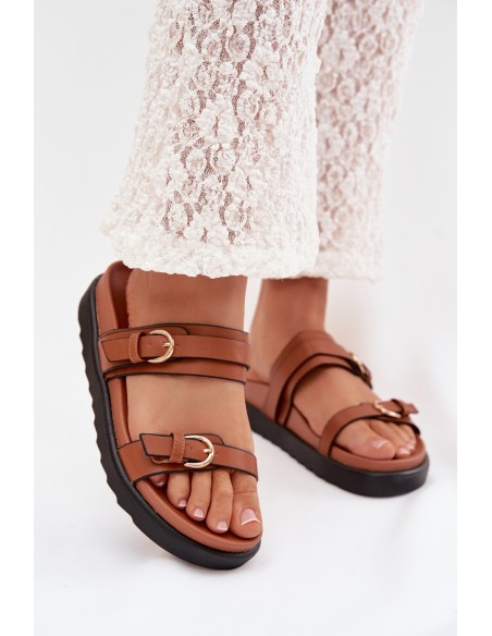 Women's Platform Sandals With Straps And Gold Buckles Camel Rirea