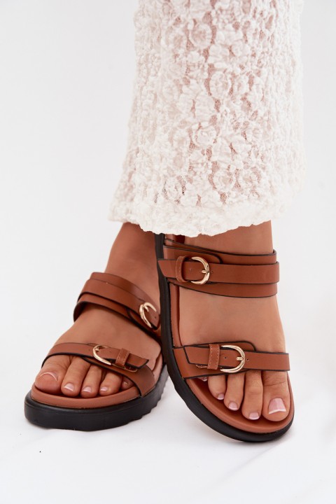 Women's Platform Sandals With Straps And Gold Buckles Camel Rirea