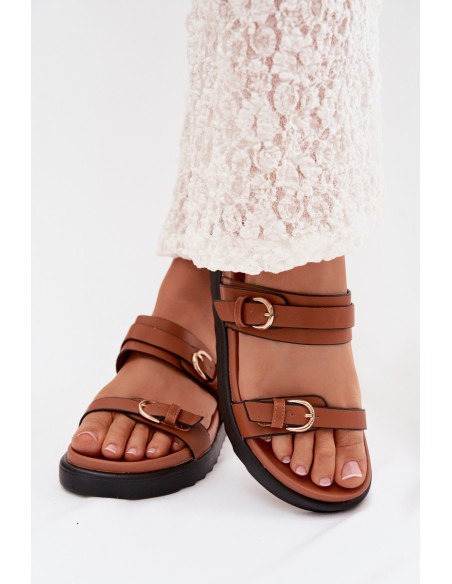 Women's Platform Sandals With Straps And Gold Buckles Camel Rirea