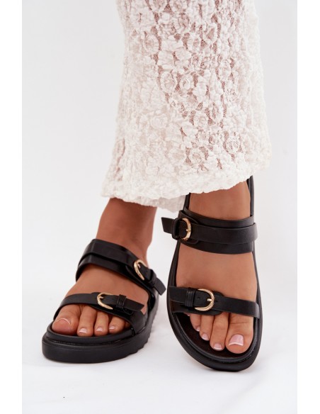 Women's Platform Sandals With Straps and Gold Buckles Black Rirea