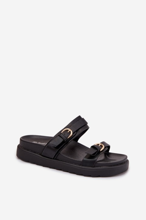 Women's Platform Sandals With Straps and Gold Buckles Black Rirea