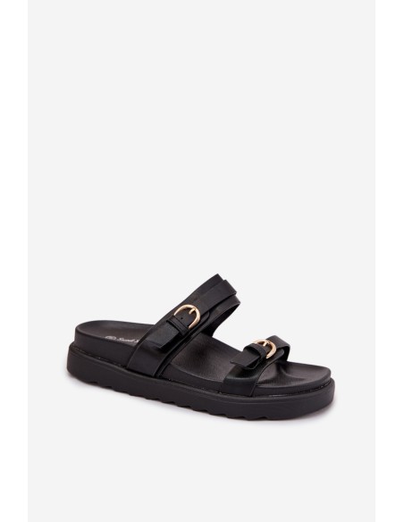 Women's Platform Sandals With Straps and Gold Buckles Black Rirea