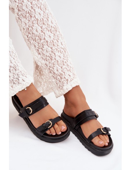 Women's Platform Sandals With Straps and Gold Buckles Black Rirea