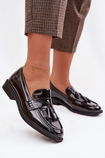 Patent Leather Women's Loafers With Fringes Black Galera