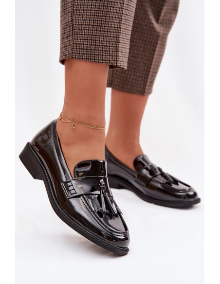 Patent Leather Women's Loafers With Fringes Black Galera