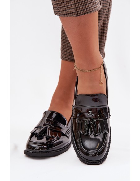 Patent Leather Women's Loafers With Fringes Black Galera