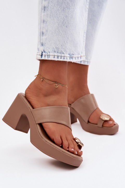 Women's Block Heel Sandals With Gold Detail Dark Beige Sinora