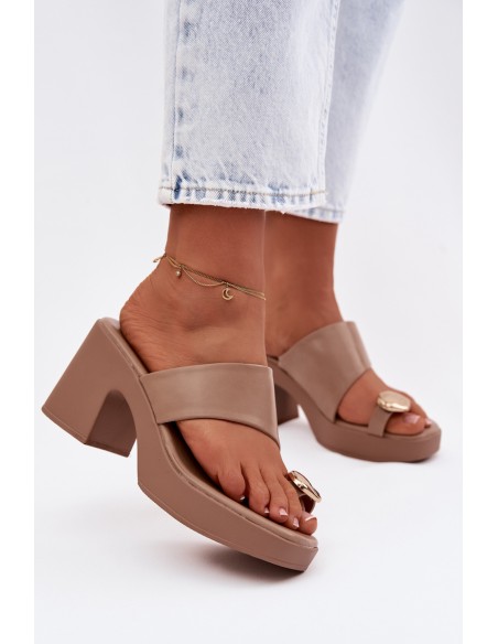 Women's Block Heel Sandals With Gold Detail Dark Beige Sinora