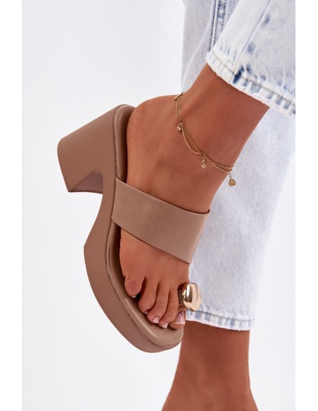Women's Block Heel Sandals With Gold Detail Dark Beige Sinora