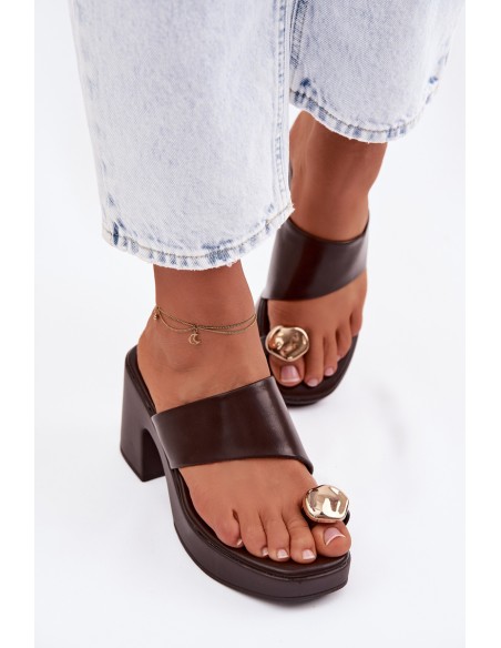 Women's Block Heel Sandals With Gold Detail Chocolate Sinora