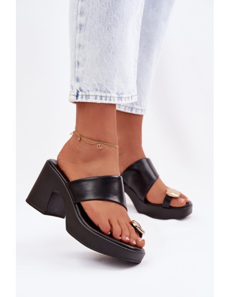 Women's Block Heel Sandals With Gold Detail Black Sinora