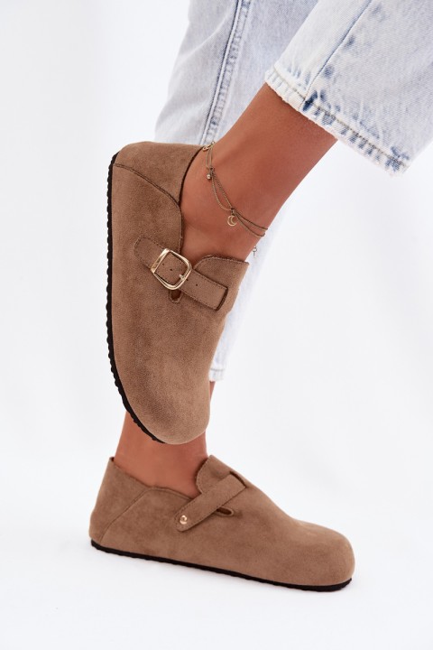 Women's Eco Suede Brogues With Gold Buckle Dark Beige Ismora