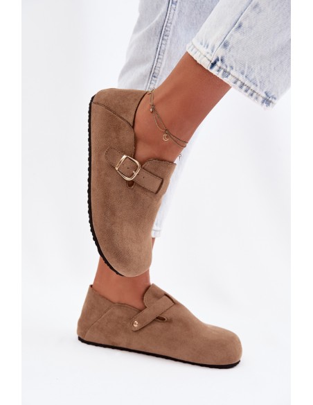 Women's Eco Suede Brogues With Gold Buckle Dark Beige Ismora